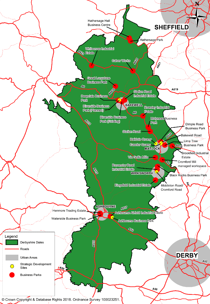 Map of Derbyshire Dales with boundary highlighted - roads, urban areas, Business Parks and Strategic Development Sites are marked around Bakewell, Matlock, Wirksworth, and Ashbourne