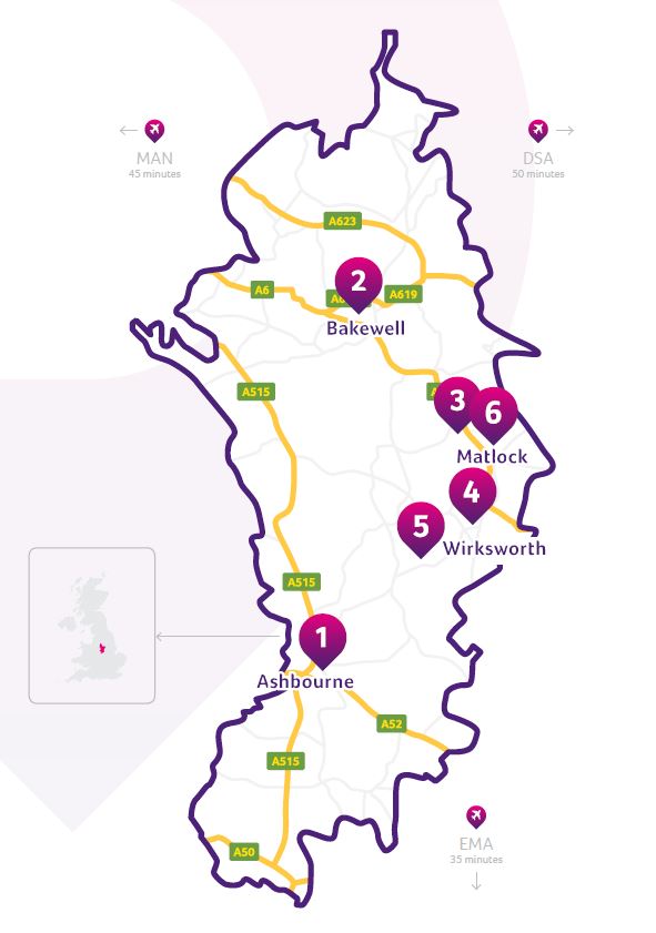 Map of Derbyshire Dales with boundary highlighted - Bakewell, Matlock, Wirksworth and Ashbourne are pinned