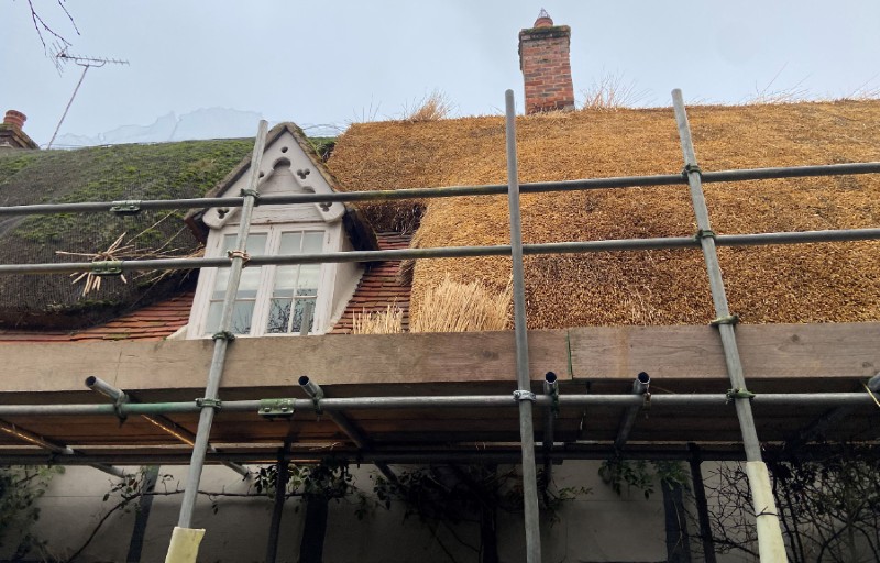 Thatched roof with scaffolding